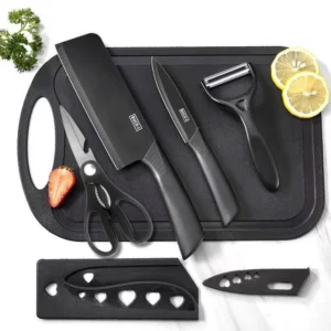 7 Piece Black Kitchen Knives Set with Cutting Board and Knife Holder for Kitchen