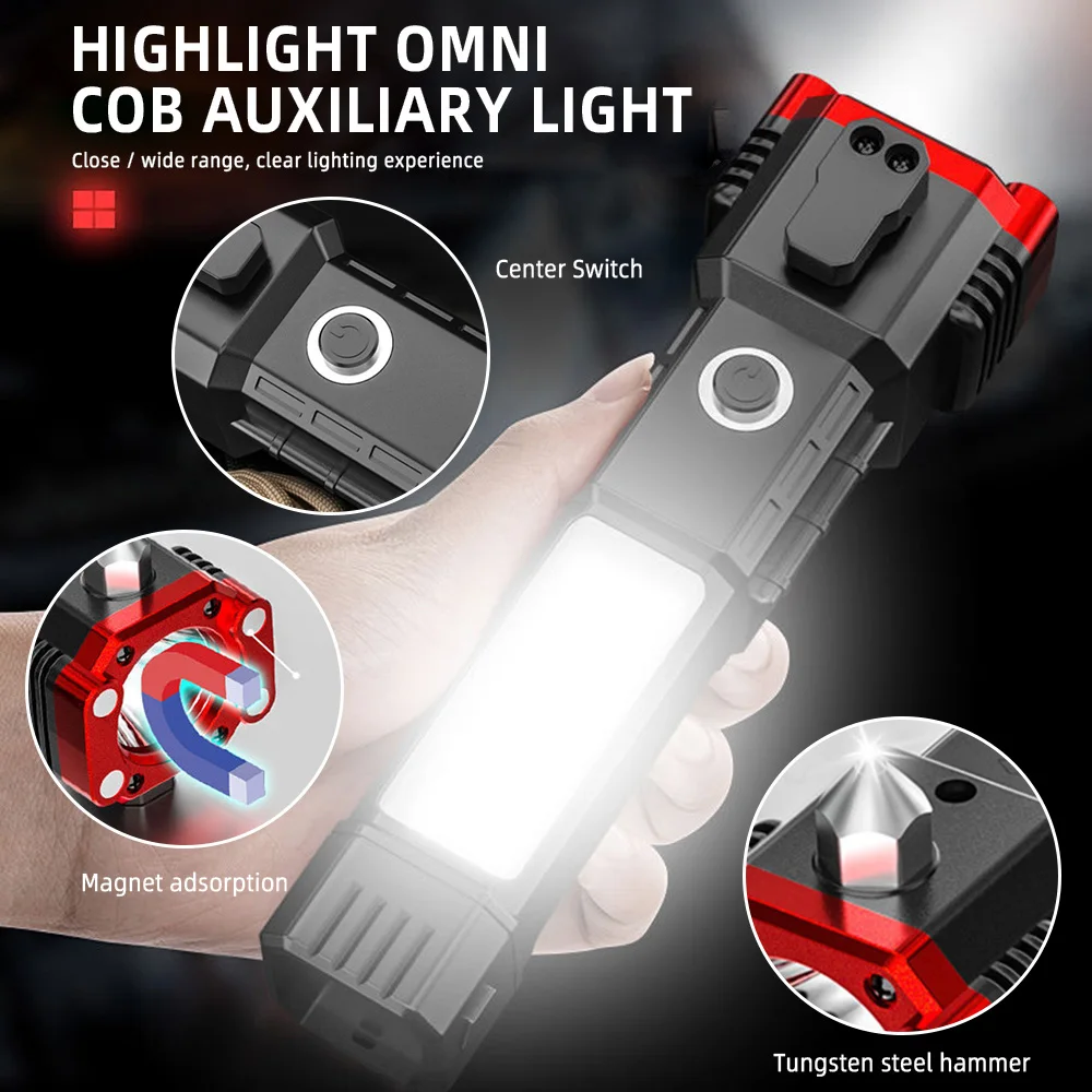 Outdoor Adventure Lighting Portable With Safety Hammer COB Rechargeable USB Emergency Led Torch Light Tactical Flashlight - Image 3