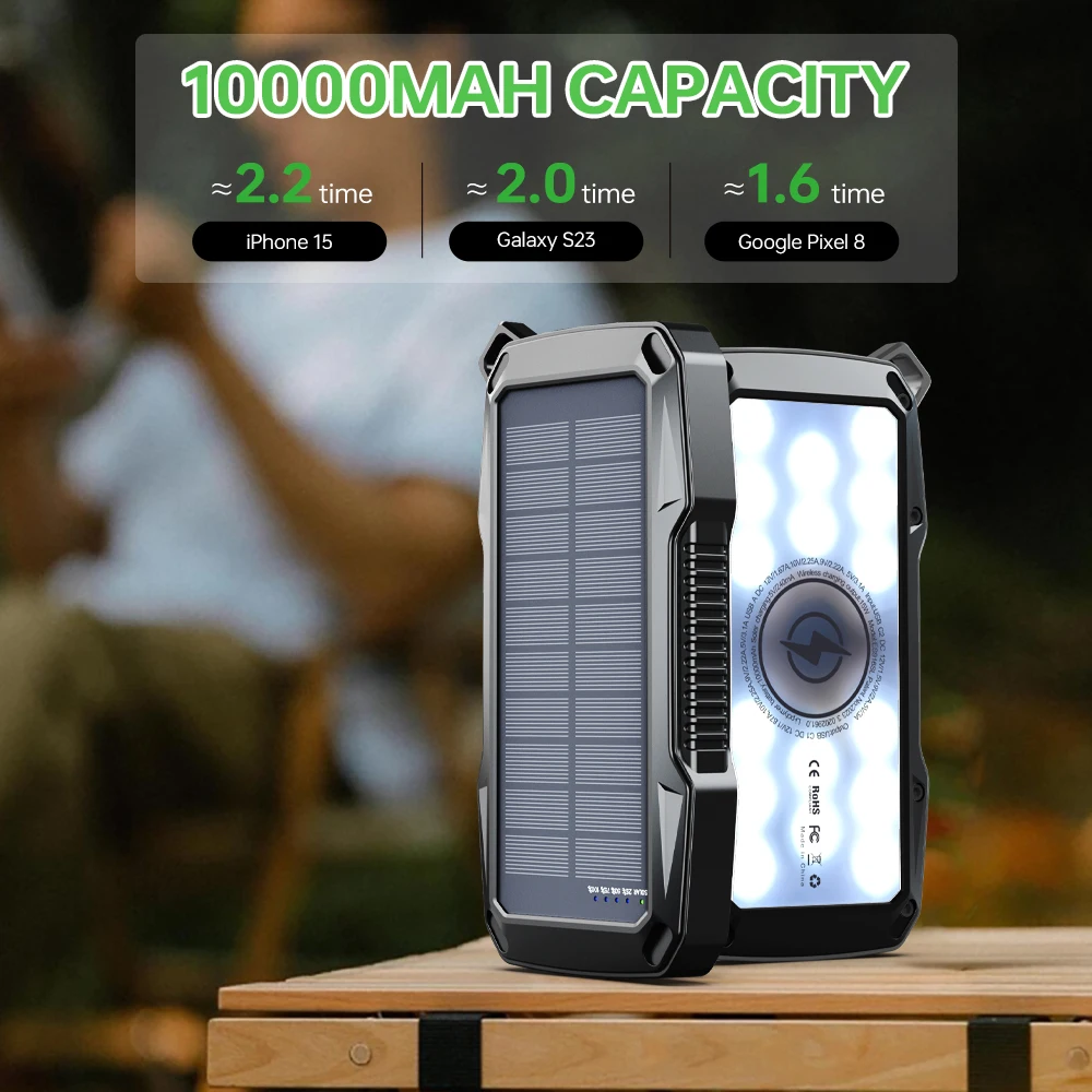 High Power LED Camping Lantern with Solar Charging 10000mAh Fast Wireless Charger Ideal for BBQ and Hiking - Image 4